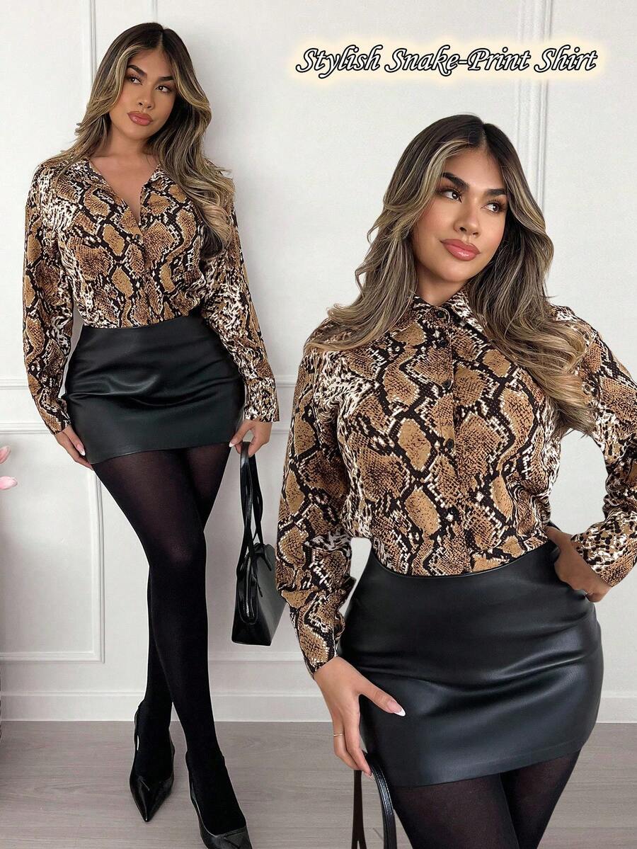 Xyvia 25+ Women's Vintage Classic Animal Print Snake Pattern Button Down Loose Long Sleeve Shirt Blouse, Suitable For Daily Commute, Autumn/Winter - Multicolor - View 1