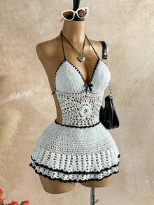 Soleia Váy ngắn đan móc nơ hở lưng phong cách nhiệt đới Bohemian thanh lịch, phù hợp mặc thường ngày mùa xuân/hè, đi biển, dự tiệc cưới, tốt nghiệp, ăn sáng muộn, ngày lễ Thánh Patrick, kỳ nghỉ xuân, lễ Phục sinh, lễ hội âm nhạc vào mùa thu/đông - Màu be - Xem 5
