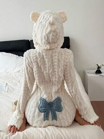 SHEIN 女士动物造型连帽蝴蝶结刺绣连体衣，冬季保暖，蓬松舒适