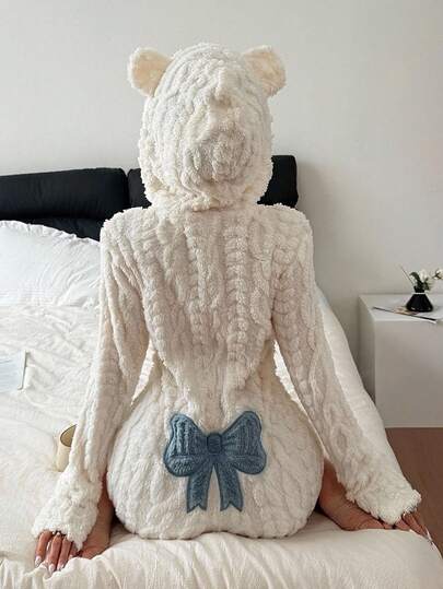 SHEIN Animal Shaped Hooded Bow Jacquard Velvet Romper For Women