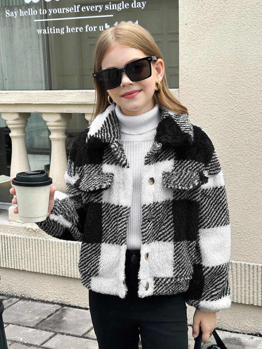 SHEIN 青少年女孩休闲学院风双面泰迪羊毛格子领扣式长袖短款厚夹克，女童夹克秋冬女装 - 黑與白 - 查看 1