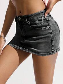 SHEIN ICON Váy denim mini ôm sát gợi cảm thời trang dành cho nữ - màu đen - Xem 5