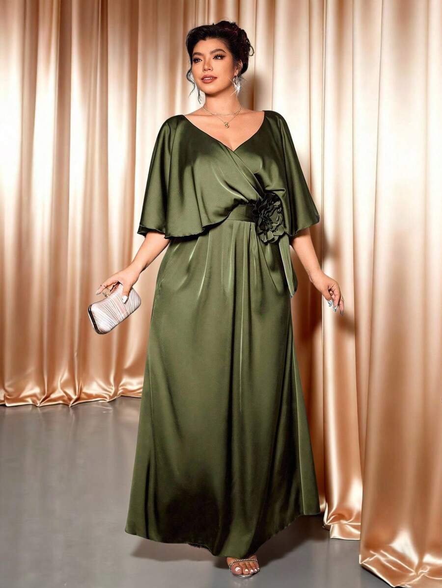 Cravure 大码女式优雅派对复古V领褶饰花卉腰带修身喇叭裙，秋季 - 綠色 - 查看 1