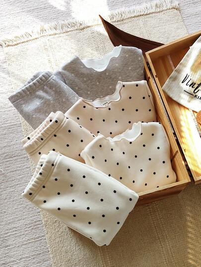 Vintaside Kids 3 件套女婴 T 恤套装，面料柔软舒适，适合春秋冬季，百搭基本休闲装，可爱波尔卡圆点和花卉印花，乡村风格 2 件套