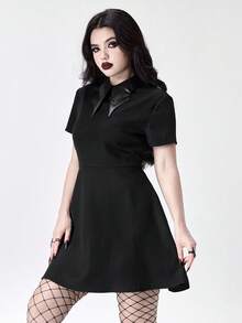 ROMWE Váy chữ A cổ vá bất đối xứng bằng da PU phong cách Gothic - màu đen - Xem 5