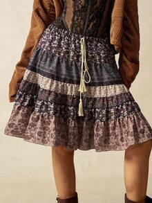 Bohemela Autumn Women's Vintage Music Festival Halloween Casual Vacation Floral Printed Ruffled Skirt With Waist Tie Loose Women Skirt, Western Country Style Concert Vacation, Suitable For Vacation & Daily Wear & Back To School - Multicolor - View 4