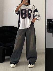 StreetHx Women's Loose Y2K Streetwear Colorblock Numeric Print Mesh Jersey Short Sleeve Top, Spring/Summer