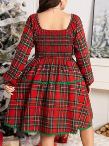 SHEIN LUNE Plus Size Women's Sweetheart Neck Bow Decor Lantern Sleeve Plaid Dress,Red Autumn Cute Satin Party Christmas New Year Elegant Sequin Winter Clothes - Red - View 2