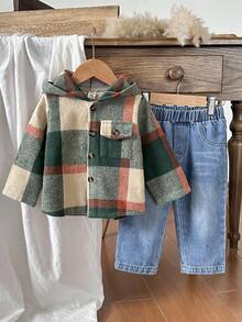 Vintaside Kids 男婴格子衬衫和时尚水洗牛仔裤套装，适合春秋两季