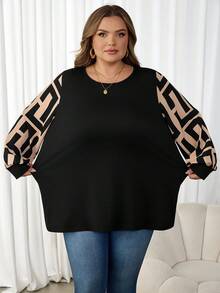 SHEIN CURVE+ 大色块图案拼接灯笼袖休闲宽松女上衣，装扮秋冬 - 彩色 - 查看 10