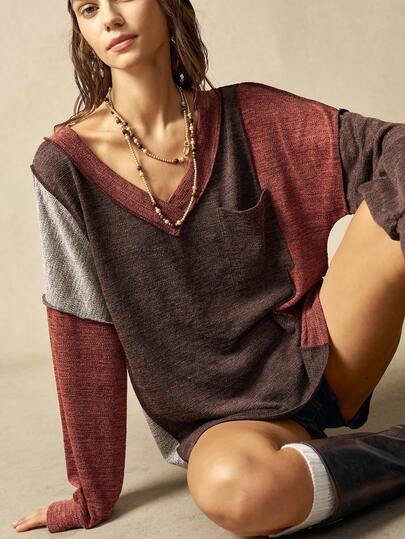 Bohemela 女士休闲拼色V领长袖宽松T恤