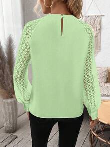 EMERY ROSE Women's Solid Color Minimalist Daily Wear Round Neck Hollow Long Sleeve Blouse - Mint Green - View 2