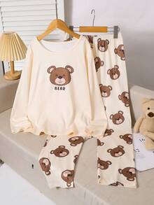 可爱 INS 卡通熊印花圆领长袖舒适女童睡衣 - 彩色 - 查看 1