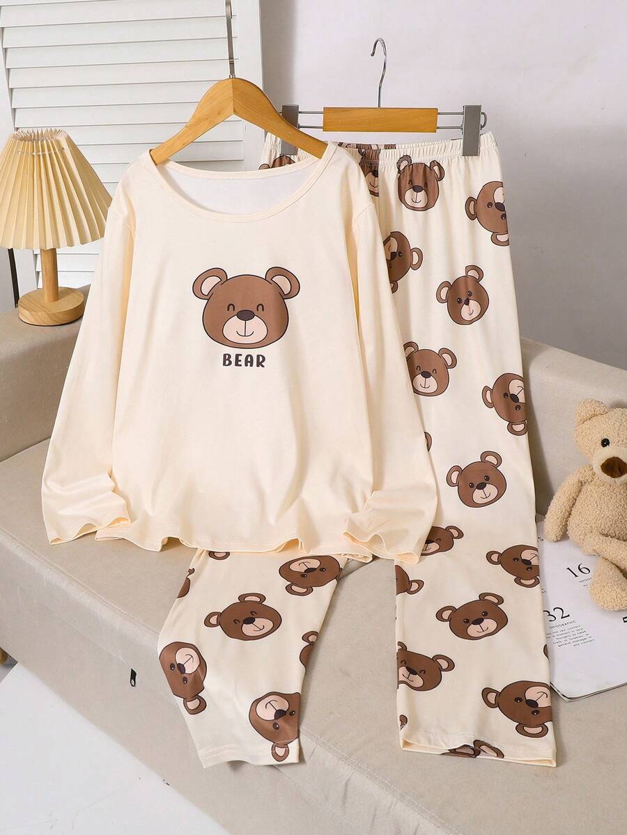 可爱 INS 卡通熊印花圆领长袖舒适女童睡衣 - 彩色 - 查看 1