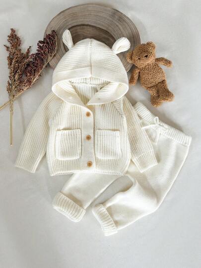 SHEIN Toddler Boys' Cute Casual White Pocket Sweater Hoodie With 3D Ear Design And Sweater Pants Set, Suitable For Outings Or Casual Wear In Cold Weather, Autumn/Winter