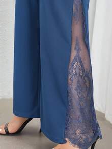 SHEIN PETITE CURVE 加大码黑色优雅高腰阔腿裤，侧开衩，蕾丝透视拼接，适合春夏季日常穿着和通勤穿着 - 霧霾藍 - 查看 6