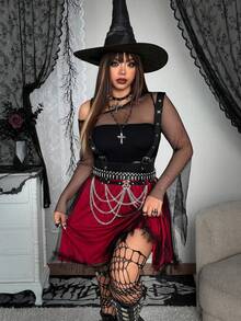 Whyspr Sunspun-D cỡ lớn dành cho nữ phong cách Gothic Punk thời trang Halloween lưới tương phản viền bèo nhún tối màu - Nhiều màu - Xem 3