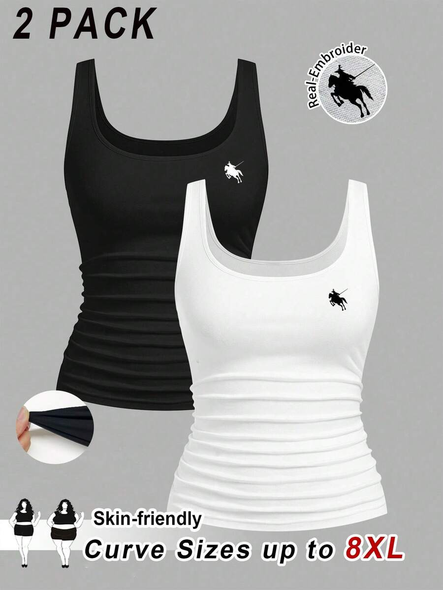 SHEIN CURVE+ 2件組大尺碼女款休閒挖領抓皺腰部小馬刺繡圖案緊身背心套裝 - 彩色 - 查看 1