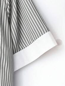 EMERY ROSE 大码女式拼色条纹短袖单排扣休闲宽松衬衫 - 深灰色 - 查看 4