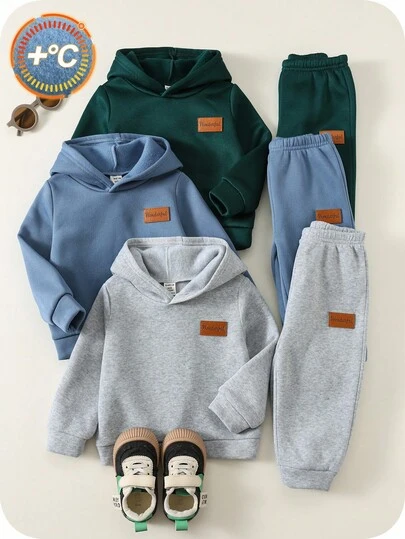SHEIN Set de 6 piezas Conjunto de sudadera con capucha de punto de unicolor y pantalones jogger de cintura elástica para bebé niño/niña, ropa de bebé unisex, atuendos de invierno para bebé