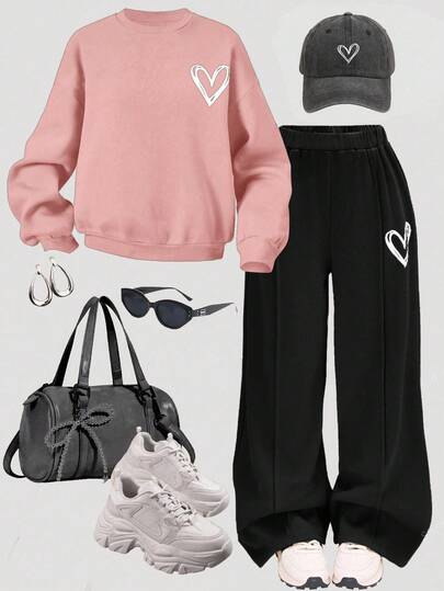 SHEIN Ensemble Sweat-shirt ample à manches longues et pantalon de jogging à jambes larges, imprimé cœur, couleur unie, style décontracté pour préadolescentes