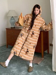 DAZY Women's Thick Fleece Hooded Robe With Puppy Striped Pattern, Winter Fluffy - Coffee Brown - View 9