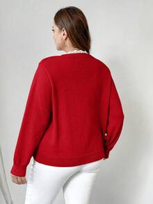 SHEIN Unity Plus Size Women Solid Color Lace Loose Casual Cardigan, Autumn/Winter - Red - View 2