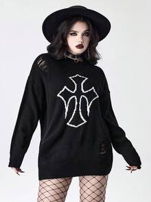ROMWE Goth Suéter oversize con jacquard de cruz gótica desgastado - Negro - Ver 5