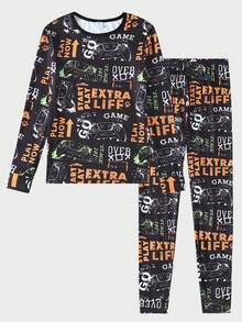 2pcs Teen Boys' Graffiti Game Console Print Knit Stretchy Fabric Comfortable Soft Orange & White Round Neck Long Sleeve Top And Pants Loungewear Set - Multicolor - View 6