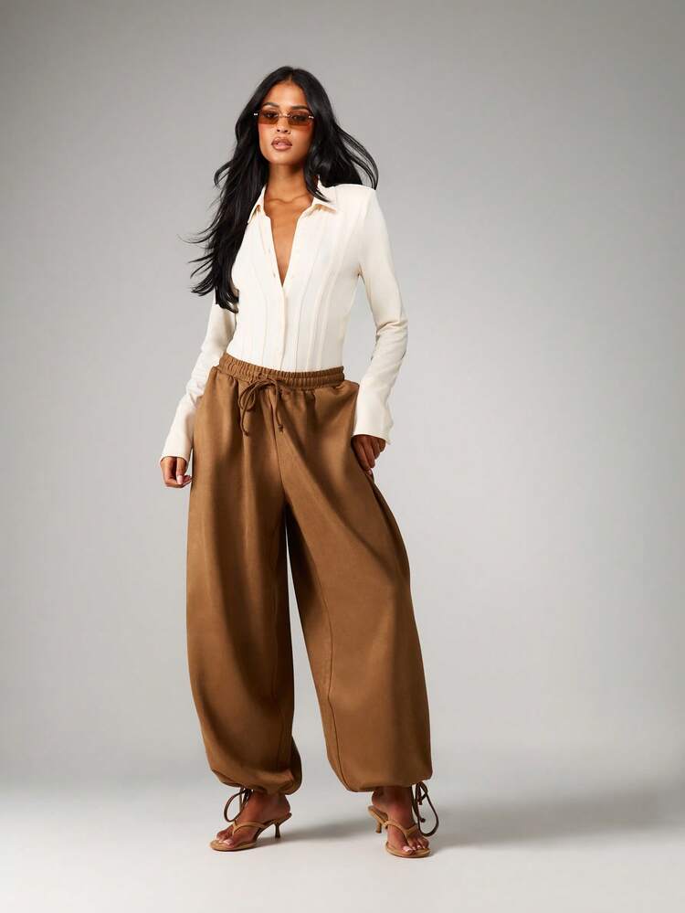 MISSGUIDED Wide Leg Suede Palazzo Pants With Drawstring Waist