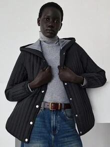 Lumivelle Vertical Striped Padded Coat, Front Center 4-Button Closure, Open Hem - Black - View 1