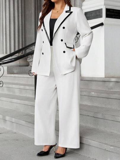 Easura Plus Size Contrast Trim Double-Breasted Blazer And Pants Suit Set