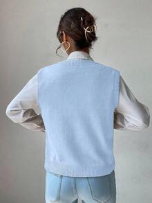 SHEIN Unity Women's Autumn Simple Solid Color Cable Knit V-Neck Sweater Vest - Baby Blue - View 2