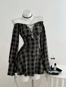 Elamini 1pc Black Plaid Off Shoulder Tie Front Flared Hem Casual Vintage Romantic Dress For Women, Autumn/Winter - Black - View 3