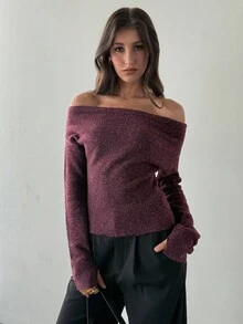 Aloruh 女装秋冬新款褶皱斜肩扭结棕色长袖毛衣 - 棕色 - 查看 4