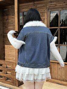 Rivivi Winter Plus Size Women's Denim Sleeveless Jacket, Autumn/Winter, Faux Fur Collar Fluffy Decor, Light Blue Washed Denim Jacket, Cowboy Jacket - Medium Wash - View 2