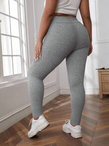 SHEIN LUNE 大码女式纯色高腰休闲紧身裤女式紧身裤灰色紧身裤健身服女式紧身裤 - 灰色 - 查看 2
