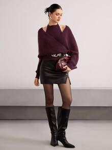 Modelyn 秋冬女士交叉领长袖时尚浆果色毛衣 - Red Plum - 查看 4