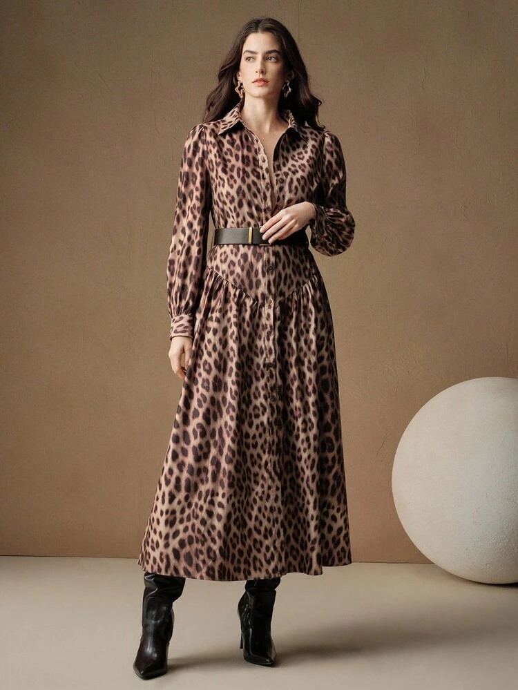 Vintage Leopard Print Long Sleeve Fitted Waist Maxi Shirt Dress