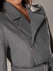 Flirla 1pc Women's Grey Short Jacket With Metal Zipper, Metal Button Decor, Belt, Suitable For Work, Commute, Casual Wear, Autumn - Grey - View 4