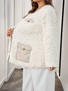 SHEIN CURVE+ 女士长袖金属纽扣蓬松圆领粗花呢口袋拼接简约保暖毛绒羔羊毛优雅大衣，冬季，保暖拉绒夹克，冬季女装，秋冬保暖长袖，法兰绒大衣，小香风保暖拉绒人造毛皮大衣，冬季女装，休闲日常穿搭，通勤，极简主义，办公室，老款，ins KOL穿搭/秋冬 - 白色 - 查看 8