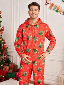 Manfinity RelaxMax Men's Letter & Christmas Tree Print Long Sleeve Zip Front Hooded Jumpsuit