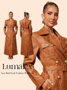 Lumalex Veste régulière pour femmes avec effet vieilli, épaules matelassées et taille cintrée. Manteau trench synthétique brun. Manteau trench synthétique pour femmes. Manteau trench brun. Robe manteau trench couleur rouille