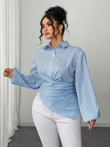 Elenzga Camisa feminina casual plus size com listras e bainha assimétrica, manga comprida, adequada para uso diário, outono/inverno - Multicolorido - Ver 3
