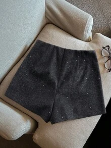 Franclia Shorts de mode pour femmes, en tissu épais et brillant pour l'automne et l'hiver, zippés, slim, pour le travail. Shorts confortables pour l'hiver, l'automne, Noël, le Nouvel An et Thanksgiving