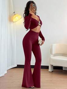 Rafferiza 欧美风格休闲金属装饰收腰长袖性感黑色高弹力女式连体裤 - 酒紅色 - 查看 7