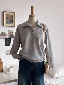 Sweetra Young Tween Girls' Casual & Fashionable Korean Style Simple Zip-Up Knit Hoodie, Gray Solid Color, Long Sleeve, Suitable For Older Girls Back To School Season, Autumn/Winter