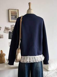 Sweetra Young Teenage Girls' Sweatshirt, Fashion Casual Versatile, Navy Blue Long Sleeve With Lace Applique Embroidery On Chest, Ribbed Cuffs, Lace Hem, Suitable For Autumn/Winter Outings, Commuting, Travel, Can Be Paired With Sweatpants, Jeans, Jackets