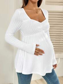SHEIN Pregnant Women's Solid Color Ribbed Crew Neck Casual Long Sleeve T-Shirt
