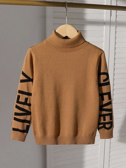 SHEIN Playful Pals 小男孩字母图案高领长袖毛衣